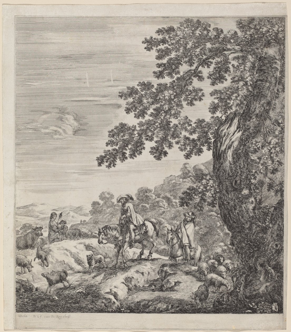 Due cavalieri che passano vicino a un branco di animali, 1656 da Stefano della Bella