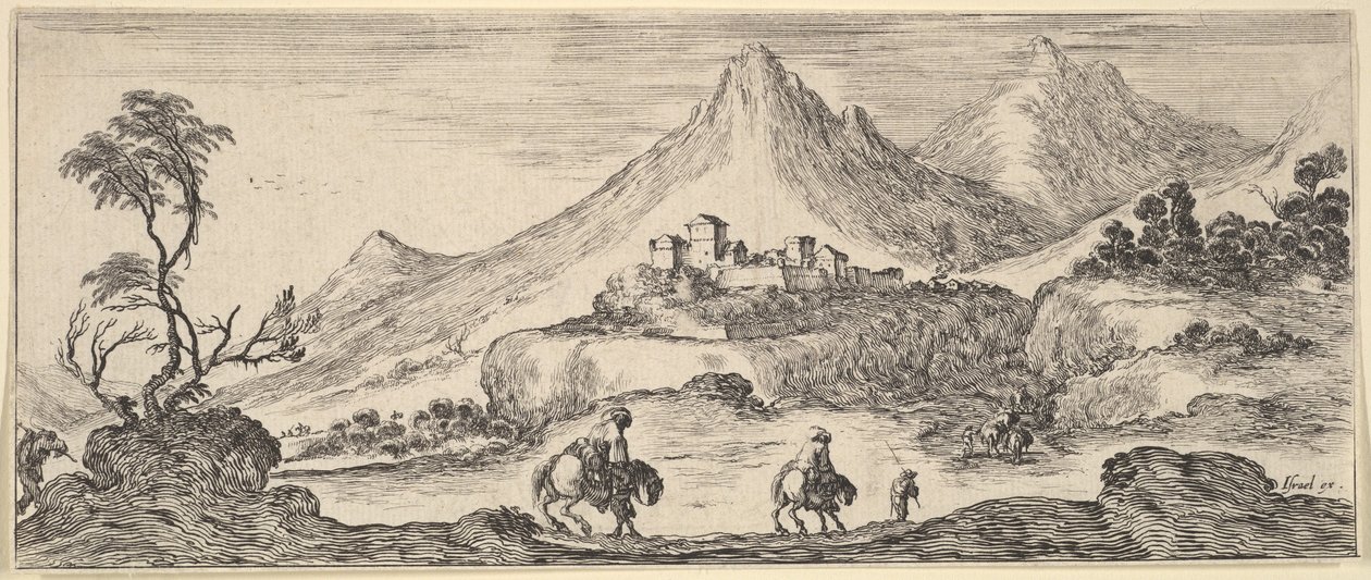 Due cavalieri scendono una collina al centro, seguendo un altro uomo a piedi, un castello sullo sfondo da Stefano della Bella