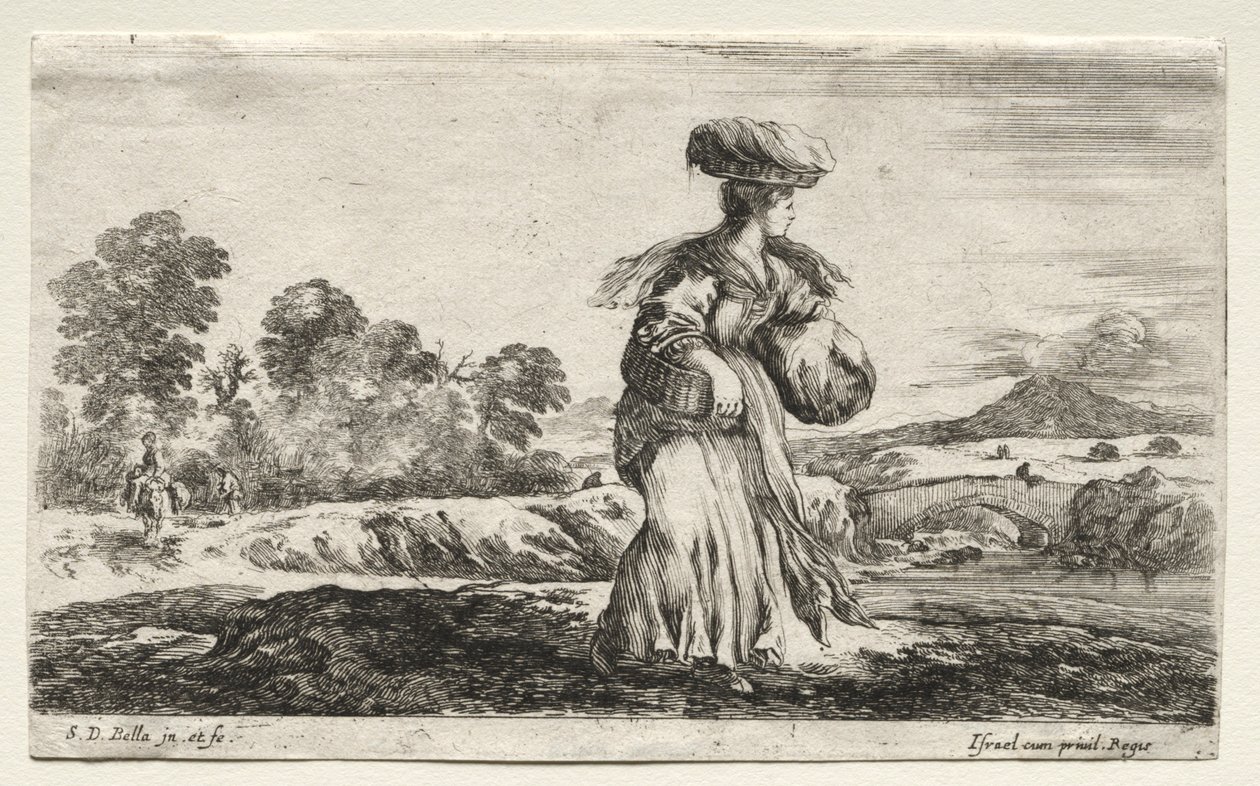 Varie figure e paesaggi: Contadina che porta un cesto sulla testa, 1649 da Stefano della Bella