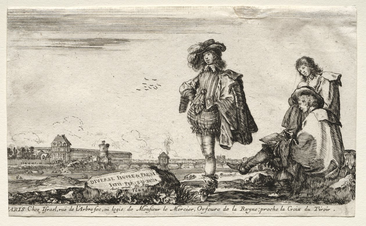 Varie figure e paesaggi: Pagina del titolo - Tre figure da Stefano della Bella