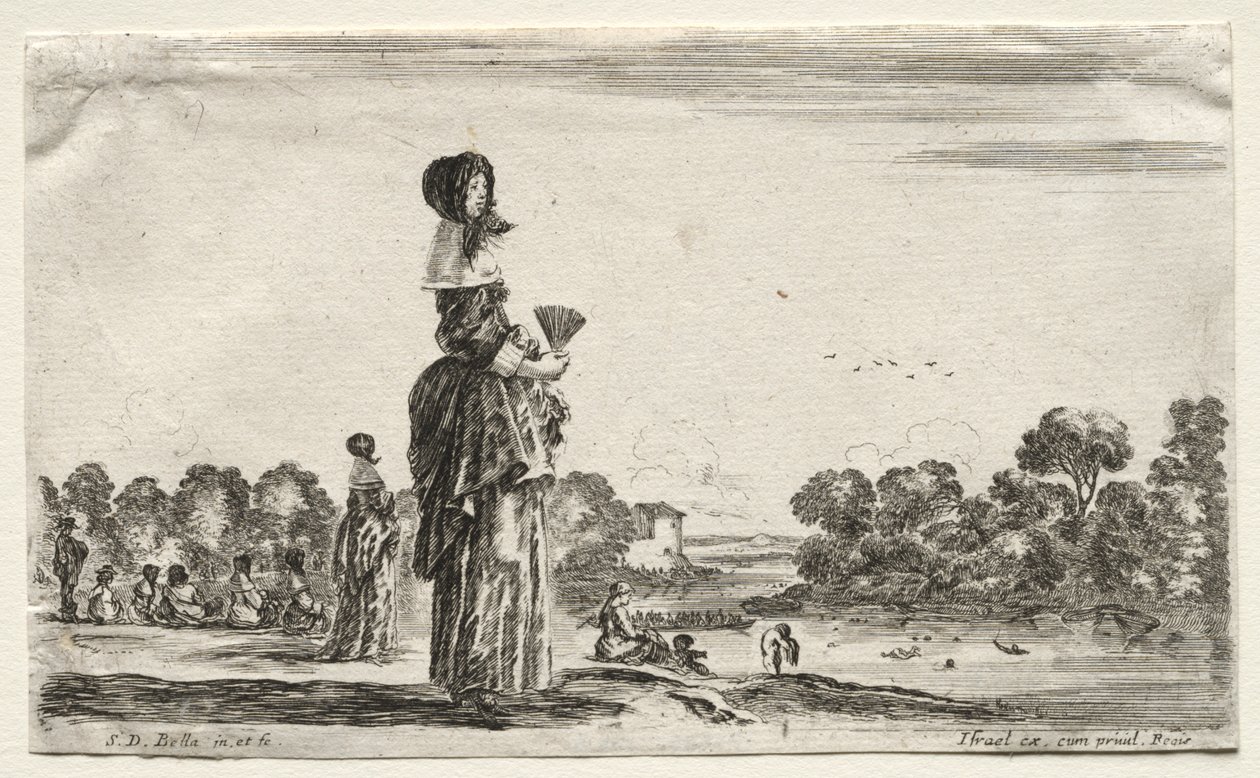 Varie figure e paesaggi: donne che guardano i bagnanti lungo un fiume da Stefano della Bella