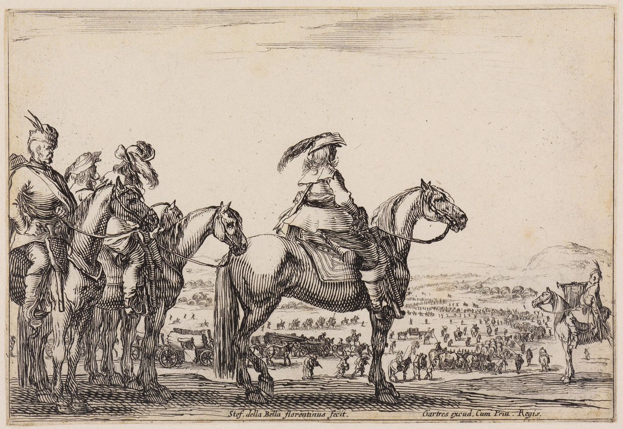 Varie figure: esercito in marcia nella pianura. Sulla collina in primo piano, il comandante e i suoi accompagnatori; a destra, il trombettiere da Stefano della Bella
