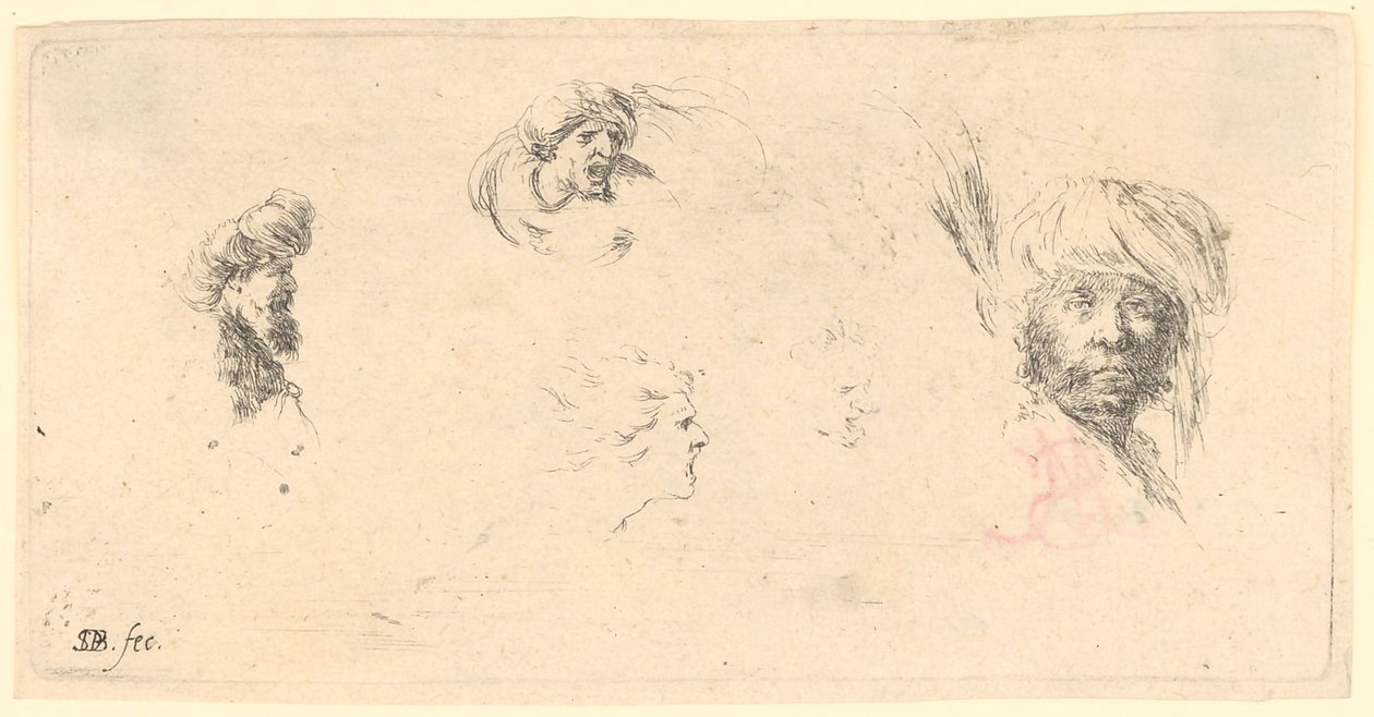 Diversi studi di ritratti; a destra, un uomo di carnagione scura con il turbante da Stefano della Bella