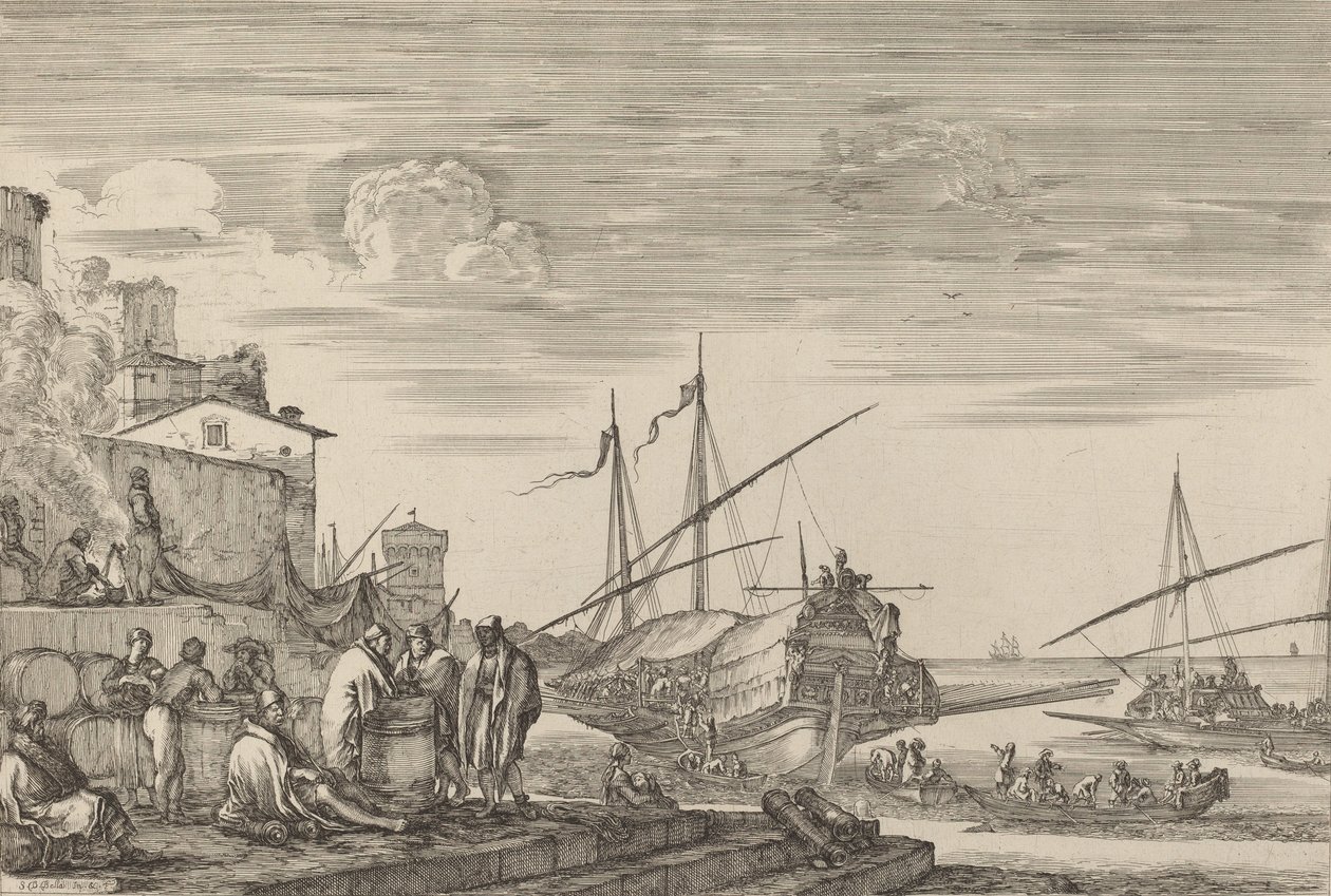 Veduta di diverse case di fronte al porto da Stefano della Bella