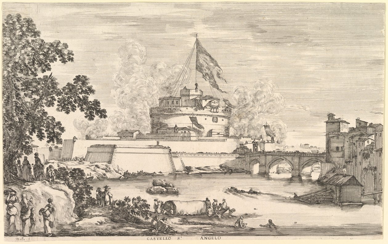 Veduta del fiume Tevere, un grande albero a sinistra, due gruppi di donne a sinistra in primo piano da Stefano della Bella
