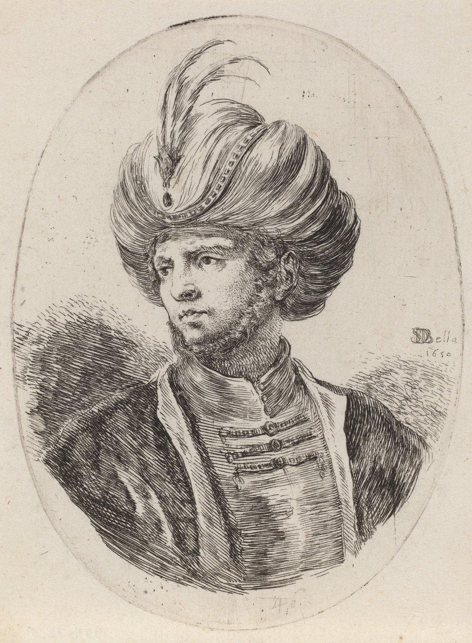 Giovane moro con una leggera barba e turbante piumato, rivolto a sinistra, 1650 da Stefano della Bella