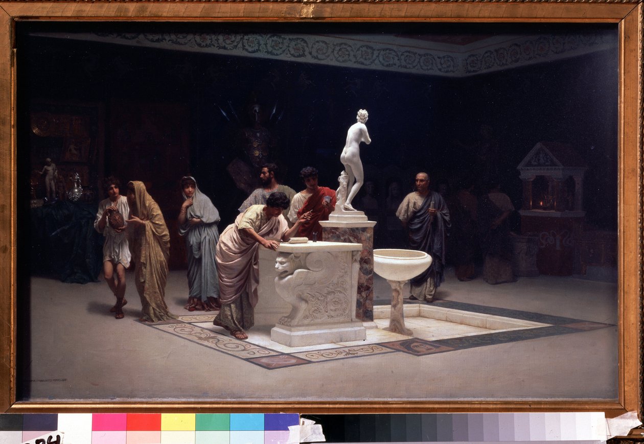 Nel foyer di Mecenate (Caius Cilnius Maecenas) (circa 70 a.C.-8 a.C.). Dipinto di Stepan Vladislavovich Bakalovich (1857-1947). Olio su tela, 45 x 72,7 cm da Stepan Vladislavovich Bakalovich