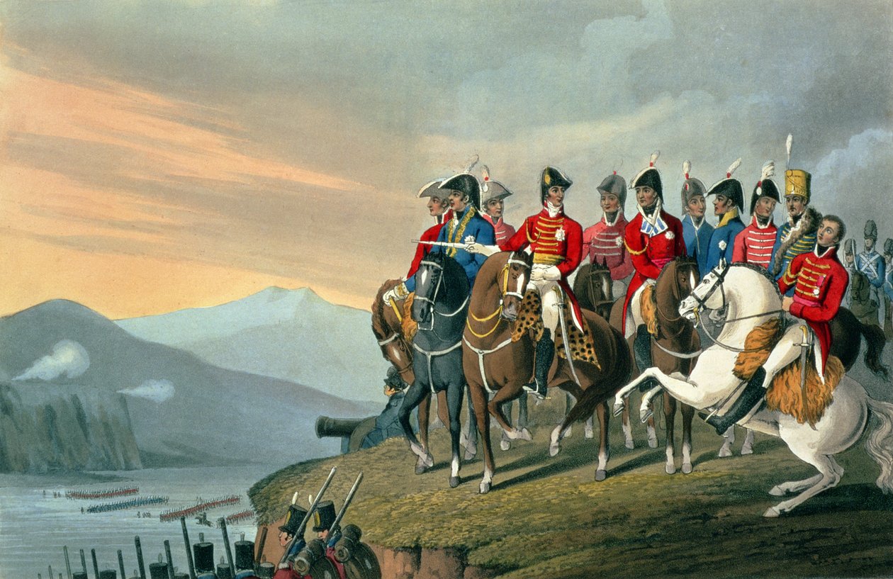 Il Duca di Wellington e il suo staff attraversano il Bidassoa ed entrano in Francia, 1813, inciso da Matthew Dubourg (fl.1813-20) da Aneddoti storici, militari e navali, pub. da Edward Orme (1774-c. da Hyacinthe Francois Rigaud