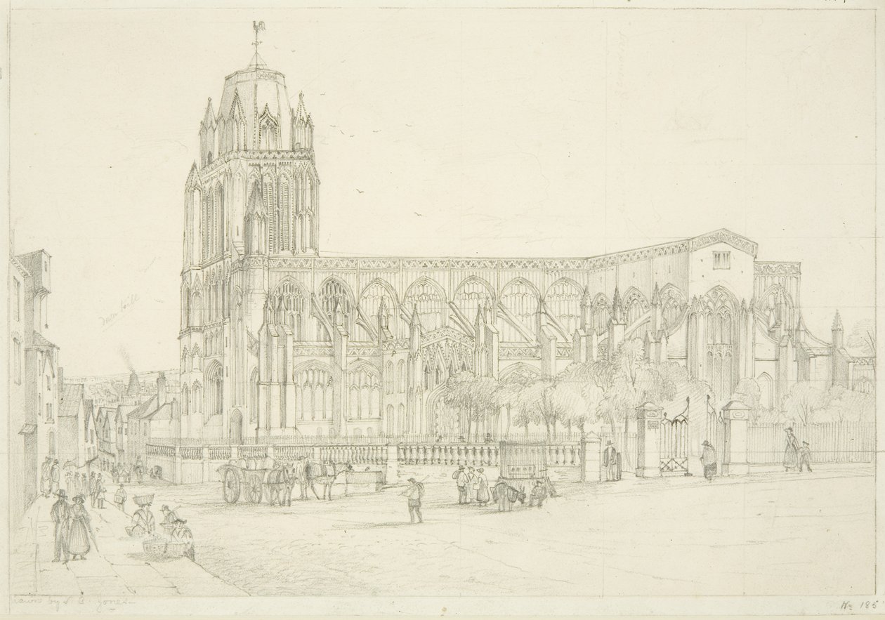 Veduta sud della chiesa di St Mary Redcliffe, c.1835 da Stephen C. Jones