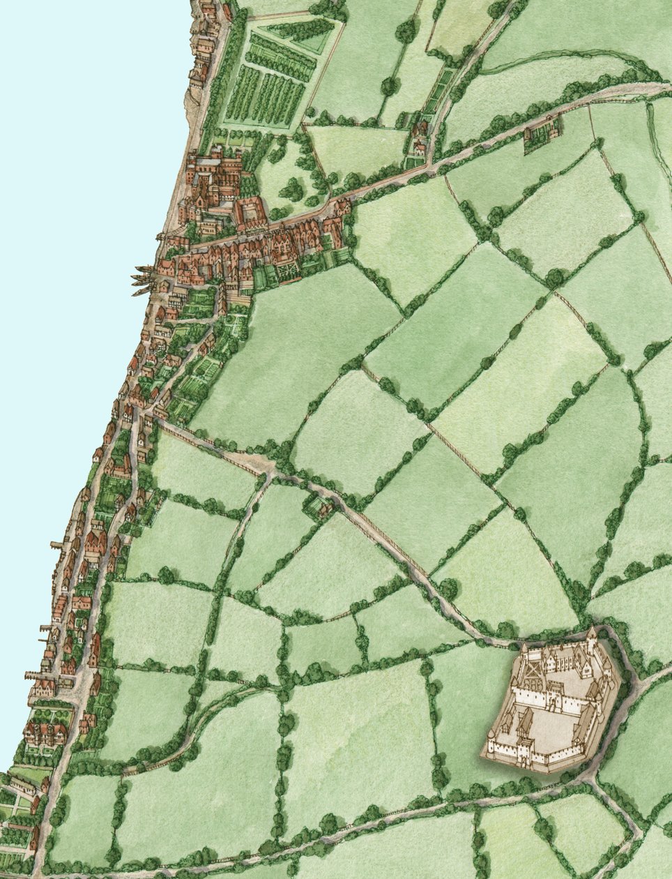 Lambeth e Vauxhall circa 1600, con inserto del castello medievale di Kennington, 2021 (inchiostro e acquerello, digitale) da Stephen Conlin