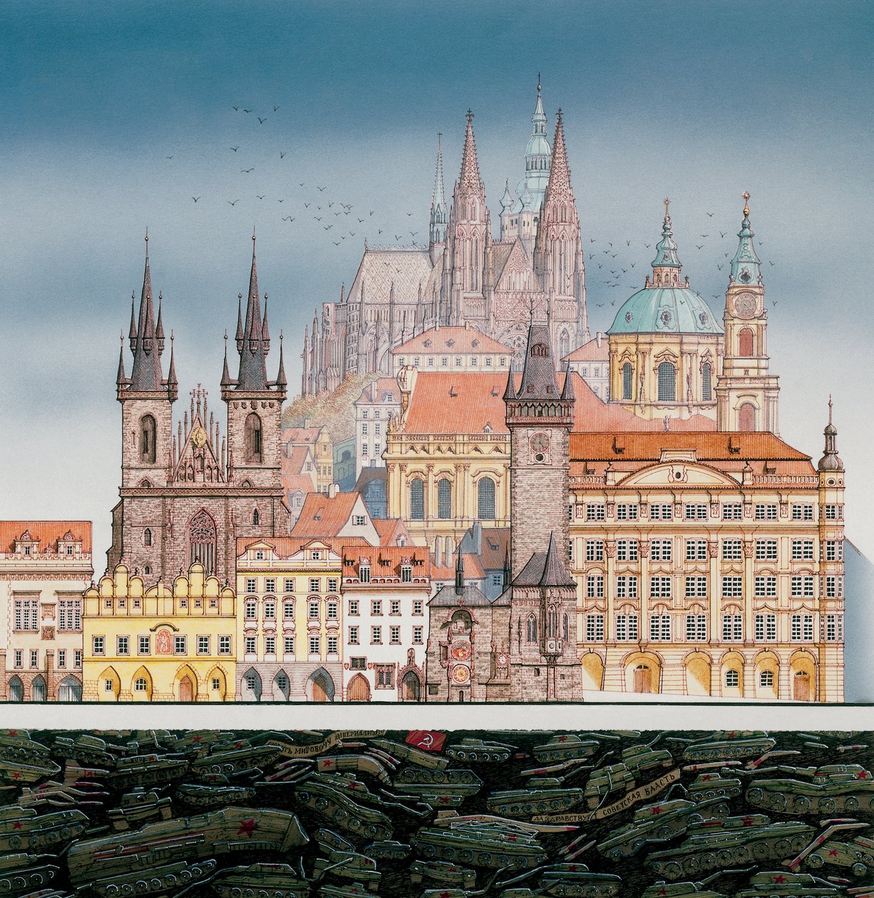 Edifici di Praga e carri armati russi, c.1980-1991 da Stephen Conlin