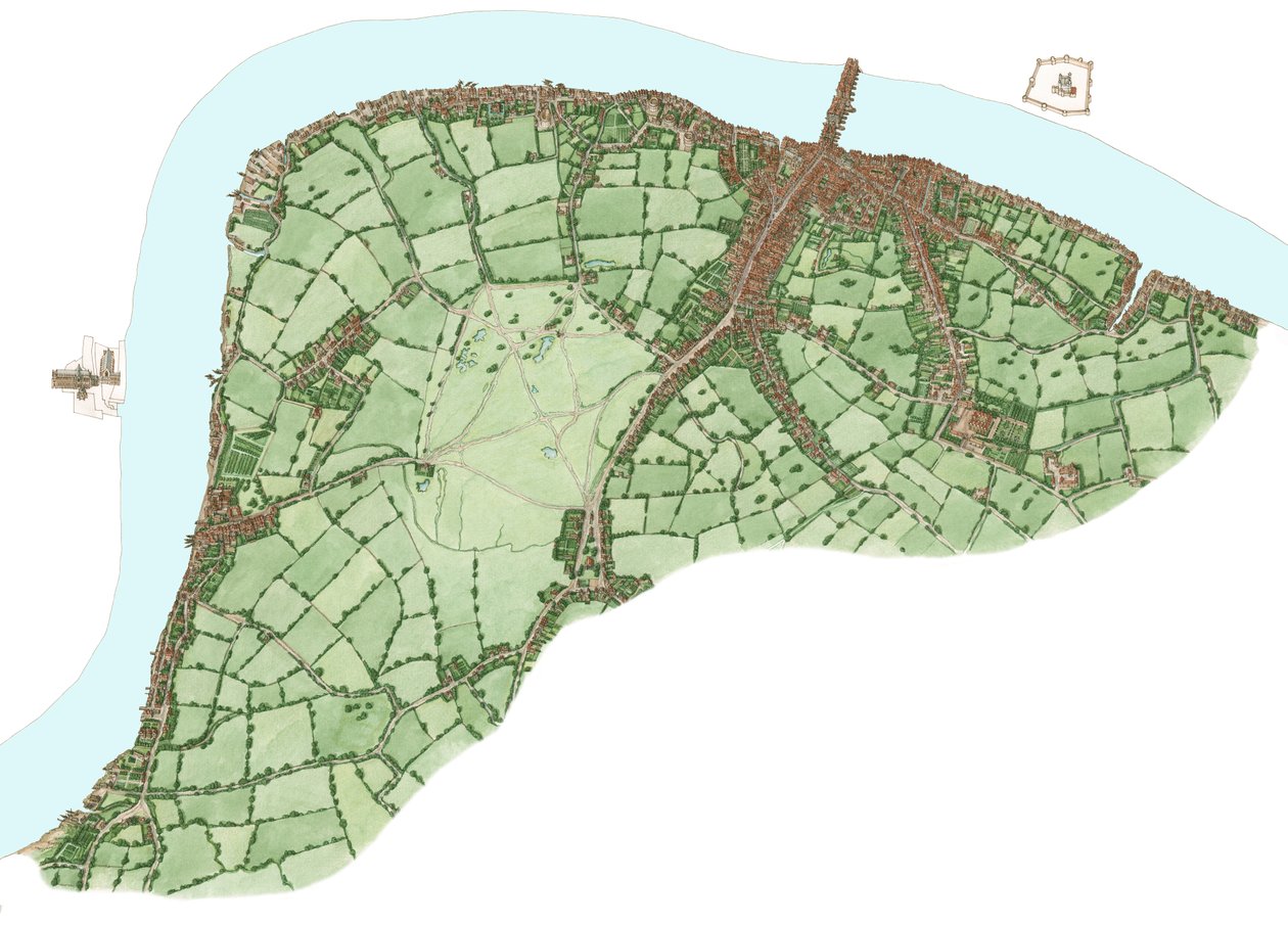 La South Bank, Londra, tra Vauxhall e Bermondsey circa 1600, 2021 (inchiostro e acquerello, digitale) da Stephen Conlin