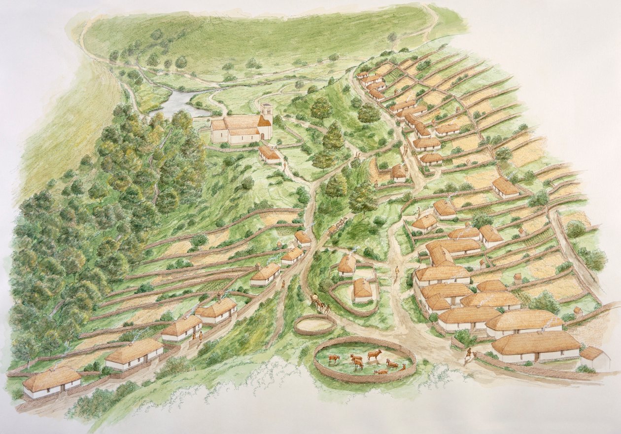 Villaggio medievale di Wharram Percy, North Yorkshire, XIII secolo c2000s da Stephen Conlin