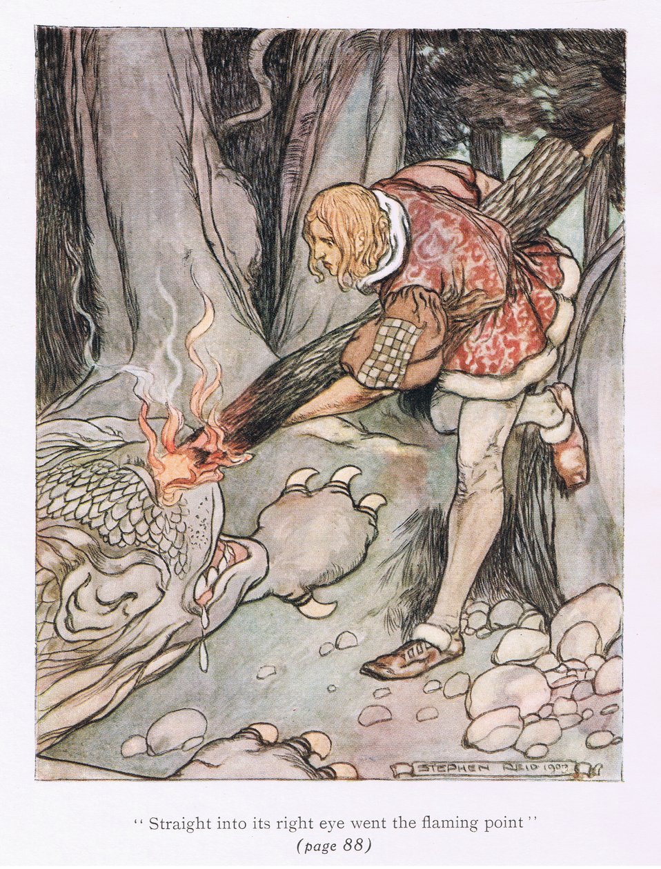 Dritto nel suo occhio destro andò la punta fiammeggiante (litografia a colori) da Stephen Reid
