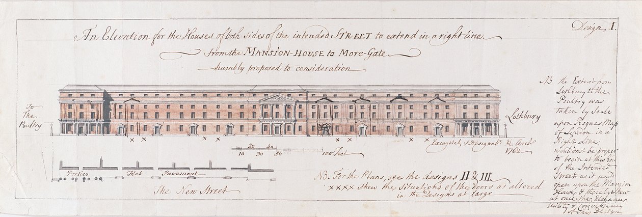 Progetto per le case di entrambi i lati della strada prevista per estendersi in linea retta dalla Mansion-House a More-Gate, proposto nel 1762 da Stephen Riou