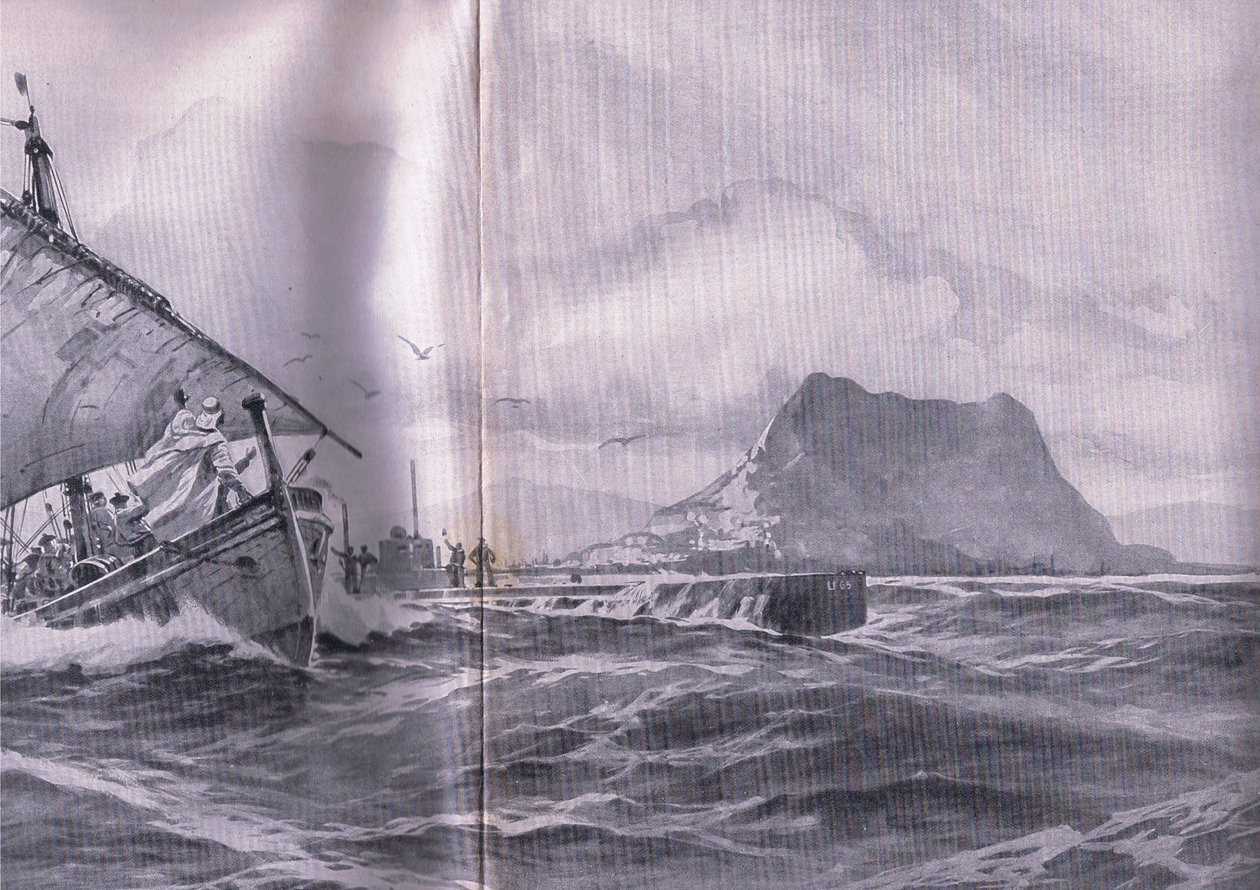 Sottomarino tedesco che attraversa lo stretto di Gibilterra in rotta verso i Dardanelli, da The Illustrated History of the World War 1914-1915 pub. da Union Berlagsefellfchaft da Willy Stoewer 
