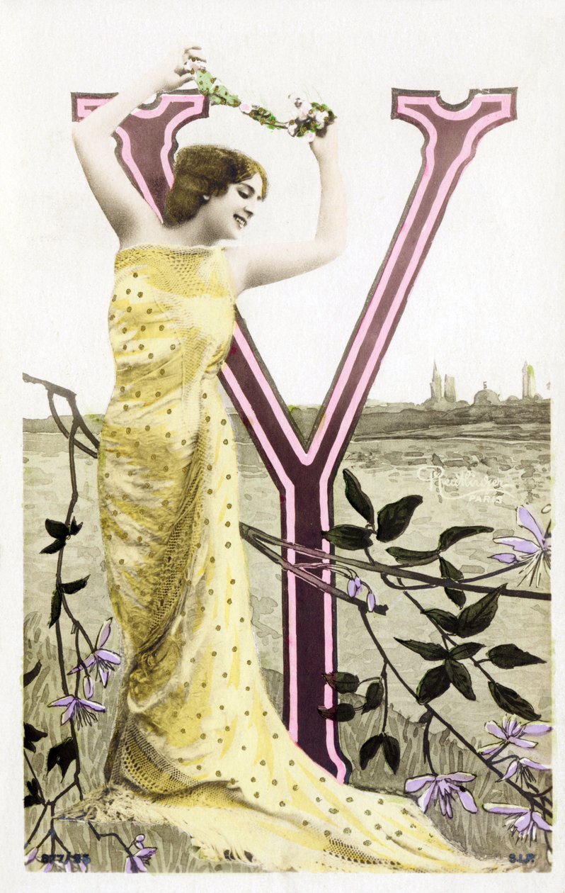 Bianca Toledo, artista, cantante e ballerina sivigliana della Belle Epoque - Casino de Paris, Folies Bergere - alfabeto in cartolina da Studio Reutlinger