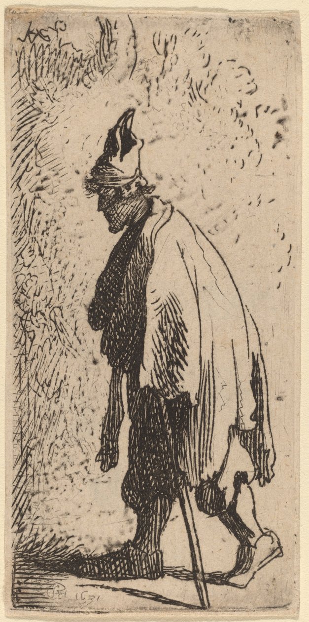 Mendicante con un bastone, camminando a sinistra da Studio of Rembrandt van Rijn