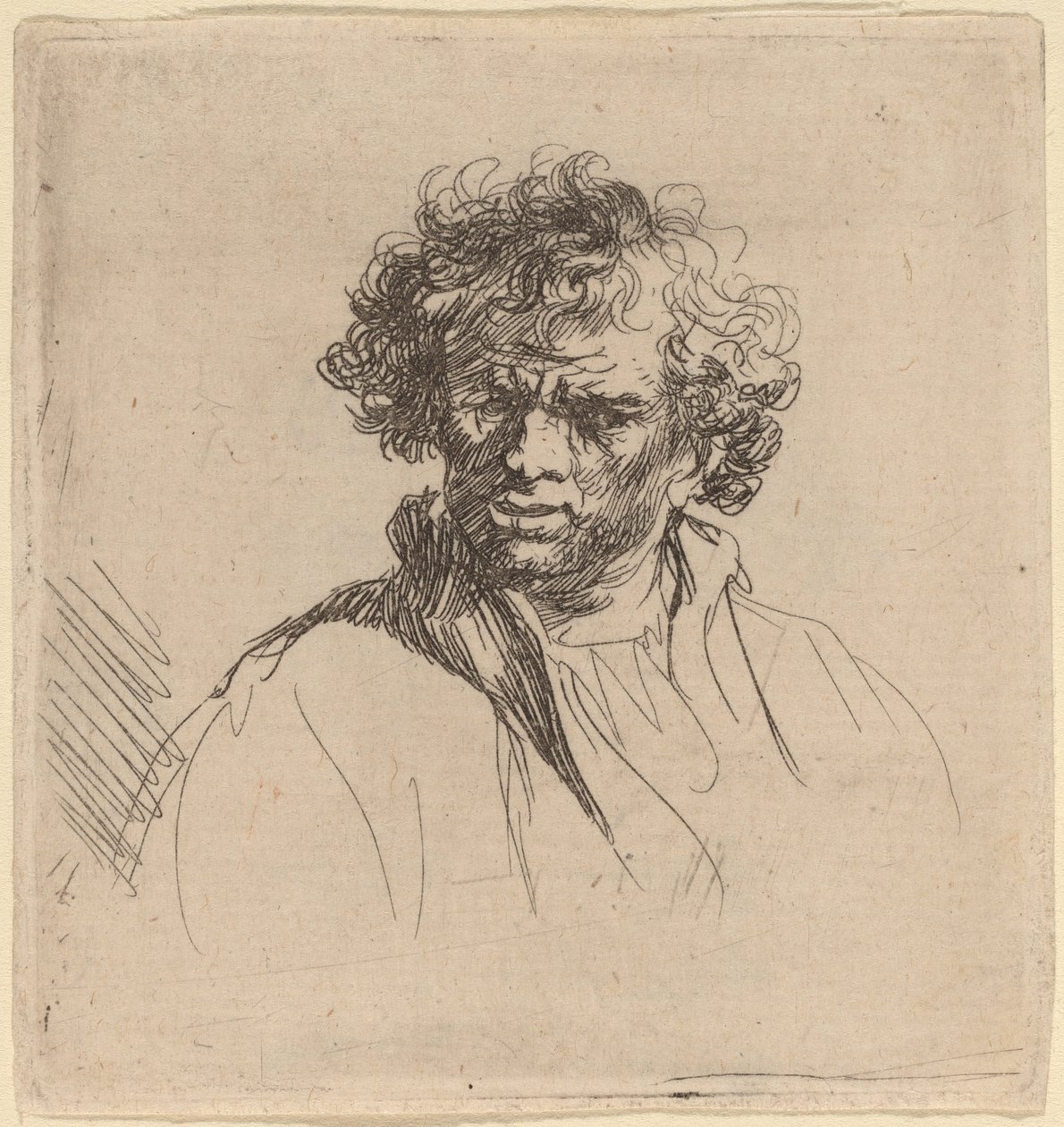 Uomo riccioluto con bocca storta da Studio of Rembrandt van Rijn