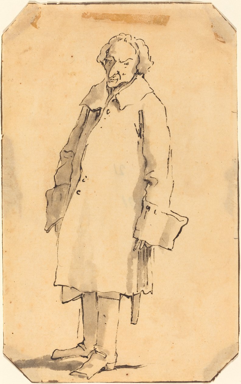 Un uomo in piedi con cappotto e stivali da Style of Giovanni Battista Tiepolo