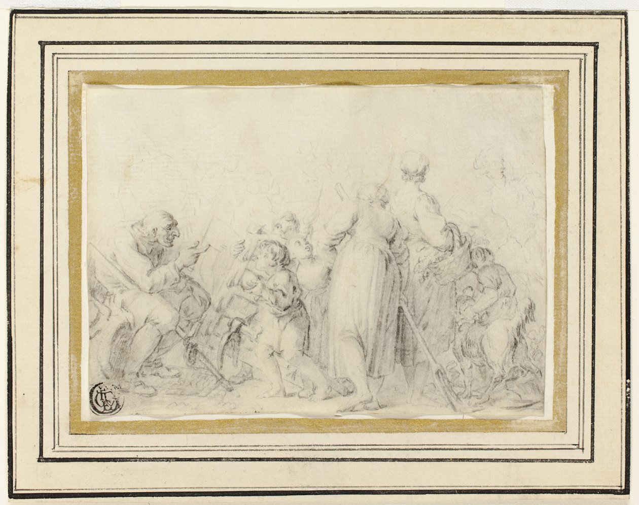 Scena di genere con vecchio, contadine e bambini da Style of Jean Baptiste Greuze