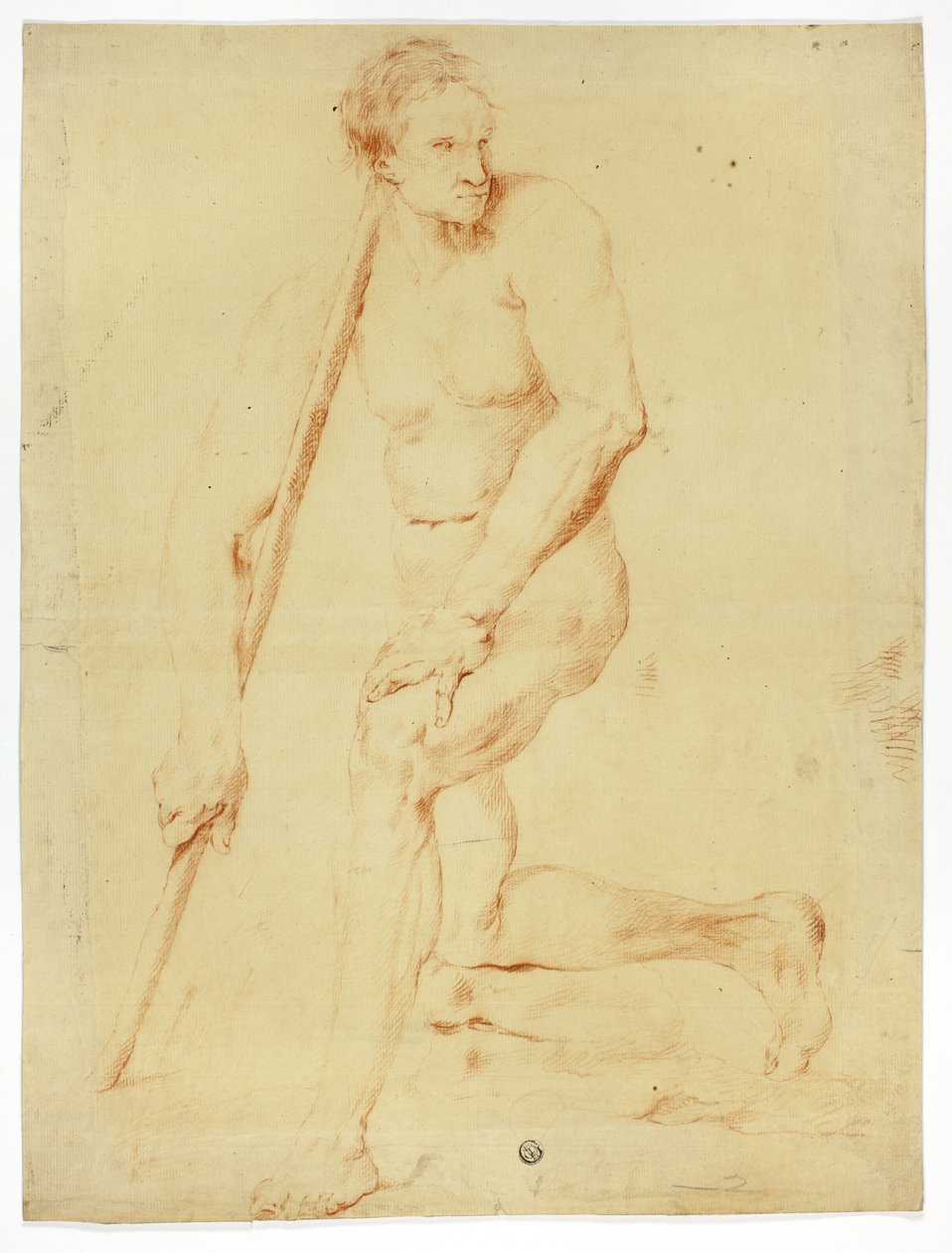 Nudo maschile accademico appoggiato al bastone da Style of Pompeo Girolamo Batoni