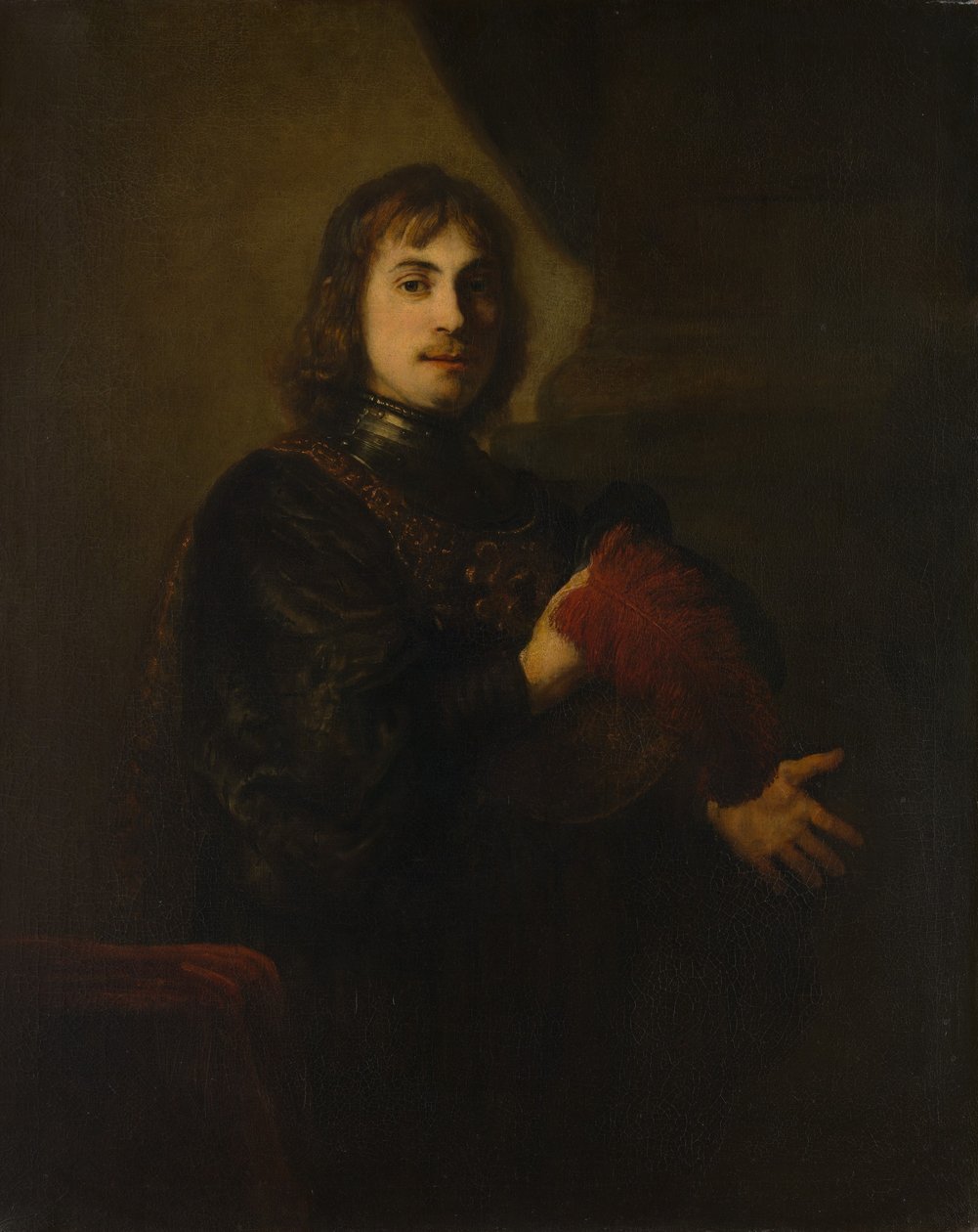 Ritratto di un uomo con corazza e cappello piumato da Style of Rembrandt