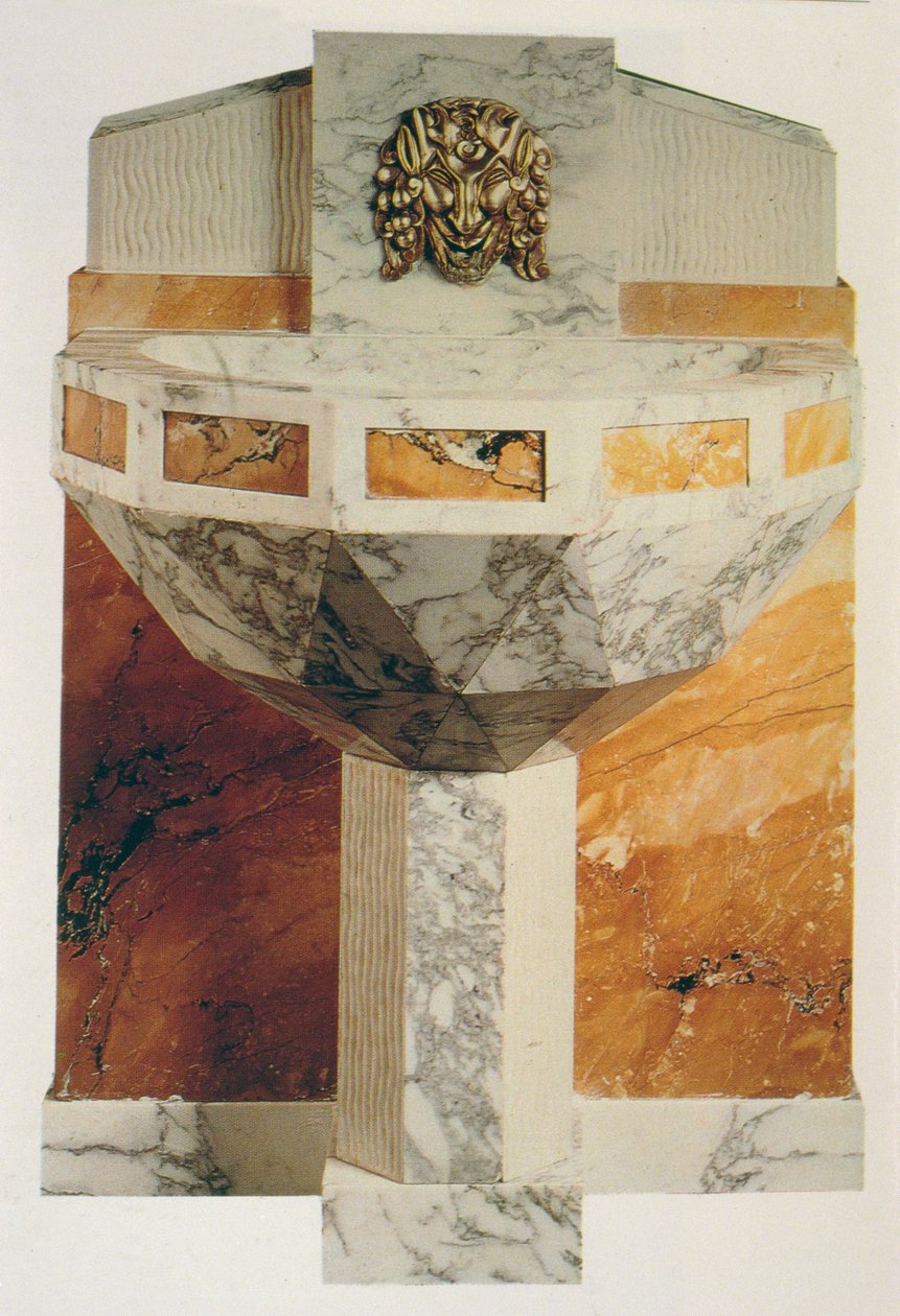 Fontana da parete decorata con maschera di satiro in bronzo dorato, c.1925 da Sue et Mare