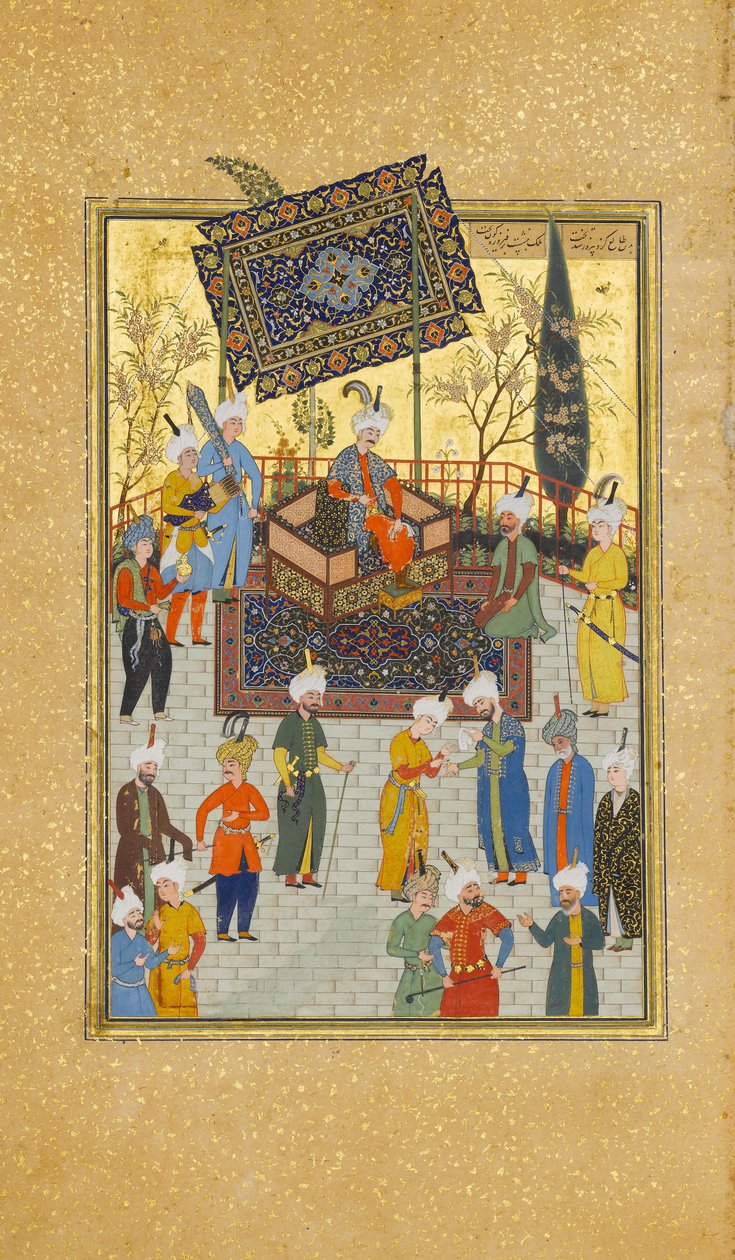 Khusrau seduto sul suo trono, Folio 64 da un Khamsa Quintet di Nizami da Sultan Muhammad Nur, Mahmud Muzahhib, Shaikh Zada