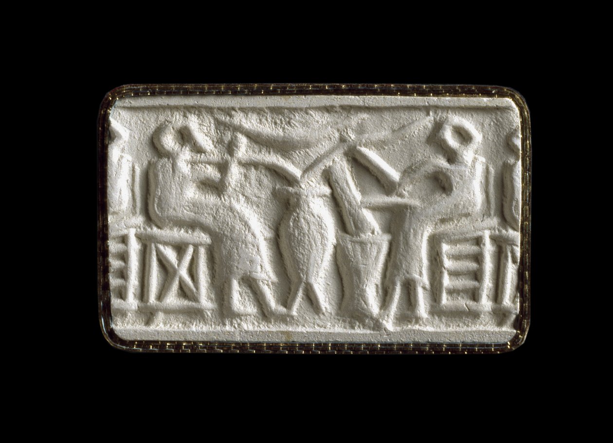Impressione di sigillo cilindrico di due figure sedute che bevono attraverso tubi, Kish, Iraq, probabilmente c.2500 a.C. (impressione in gesso) da Sumerian