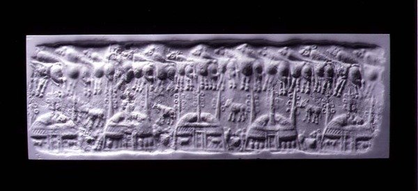 Impressione di sigillo cilindrico con manico, Uruk (ora Warka, Iraq), c.3300-3000 a.C. da Sumerian Sumerian