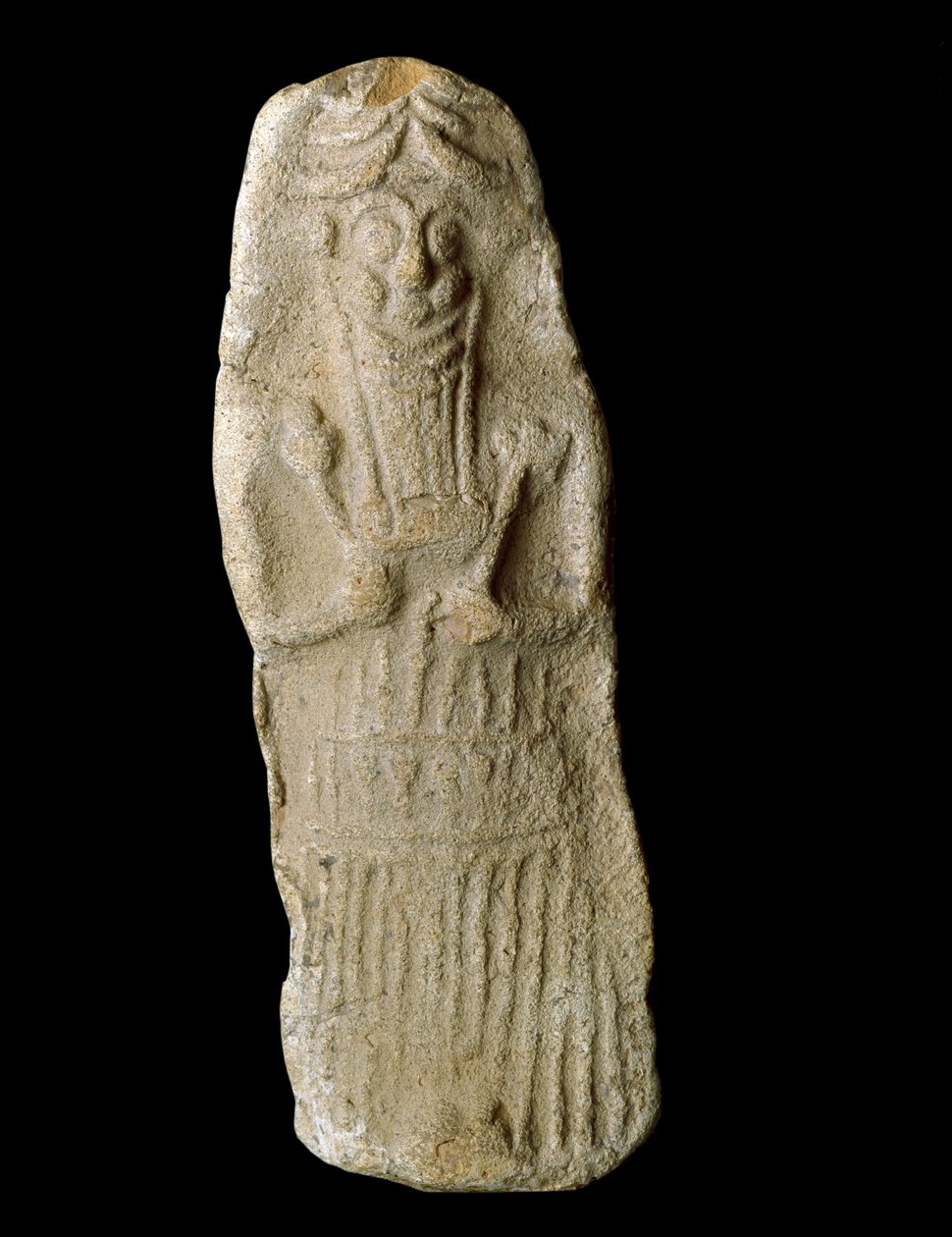 Arte sumera: dio guerriero con le orecchie di bestiame rappresenta menzogne nella sua bara, probabilmente il dio mesopotamico Dumuzi da Sumerian Sumerian