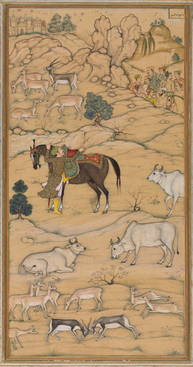 Akbar che monta il suo cavallo, pagina dal Chester Beatty Akbar Nama Storia di Akbar, 1605-07 da Sur Das Gujarati