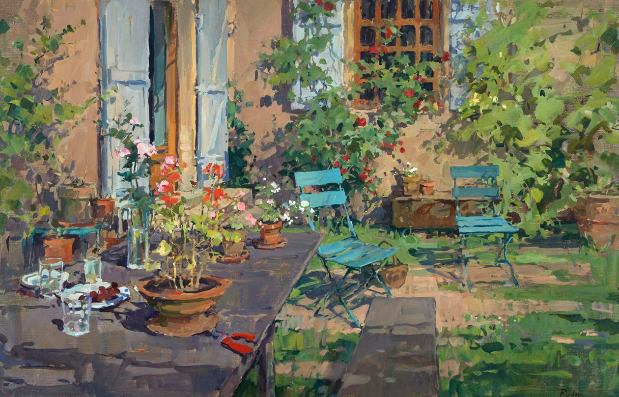 Terrazza con sedie verdi, Borgogna da Susan Ryder