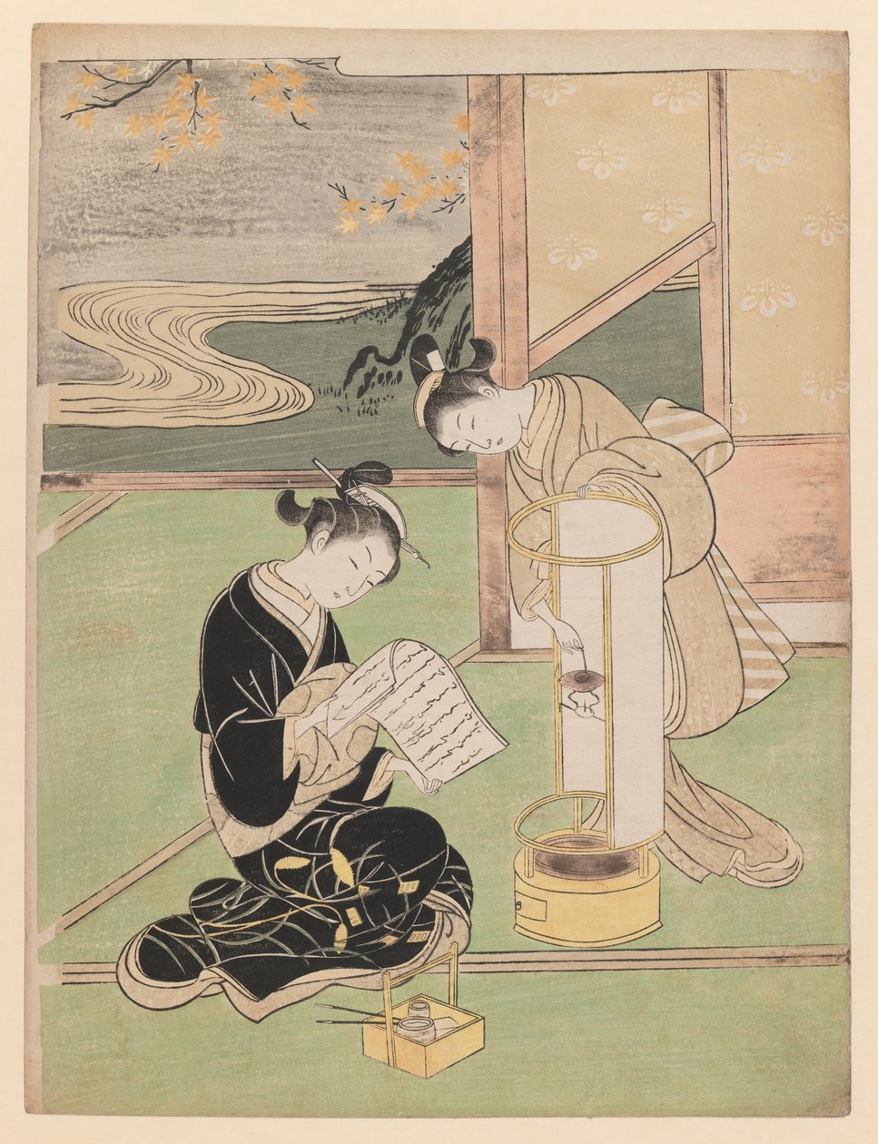Bagliore serale nella lanterna coperta di carta, dalla serie Otto Vedute del Salotto, 1766 da Suzuki Harunobu