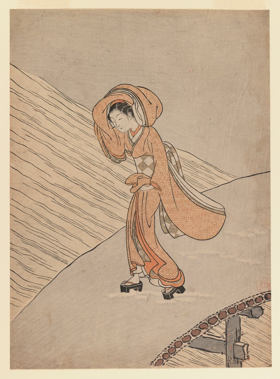Ragazza che attraversa un ponte dopo la neve: anno del calendario del secondo anno di Meiwa, 1765 da Suzuki Harunobu