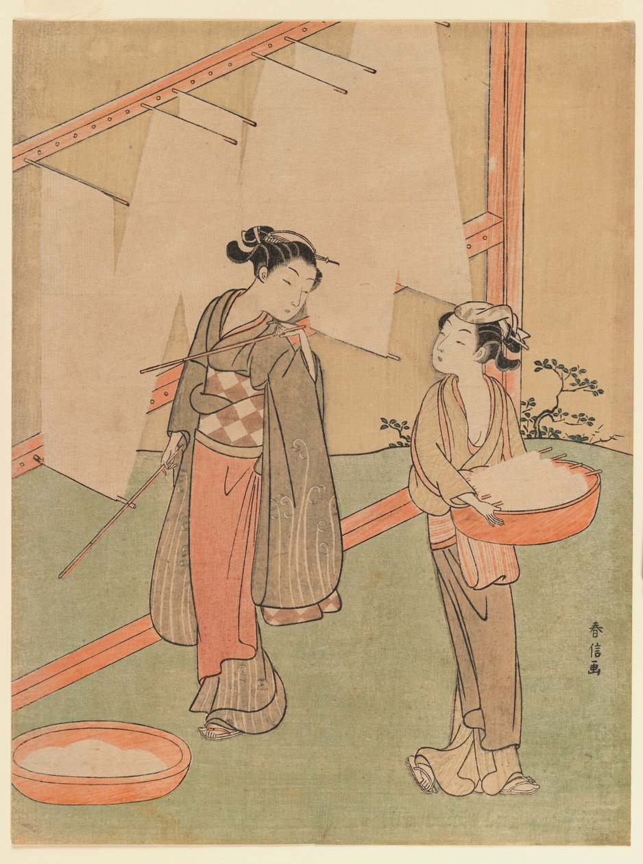 Ragazza e serva che asciugano sottili spaghetti giapponesi, c.1766 da Suzuki Harunobu