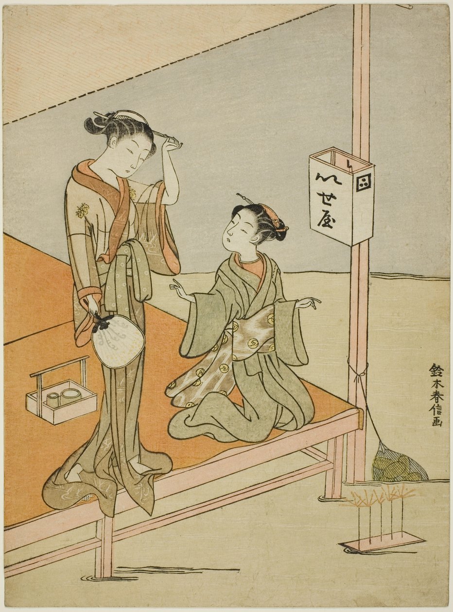 Una cortigiana e il suo attendente alla casa da tè sul fiume Iseya da Suzuki Harunobu