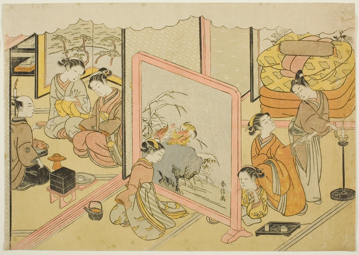 Una tazza di sake prima di dormire (Toko sakazuki), il sesto foglio della serie "Matrimonio in stampe broccate, il carro della donna virtuosa (Konrei nishiki misao-guruma)" da Suzuki Harunobu