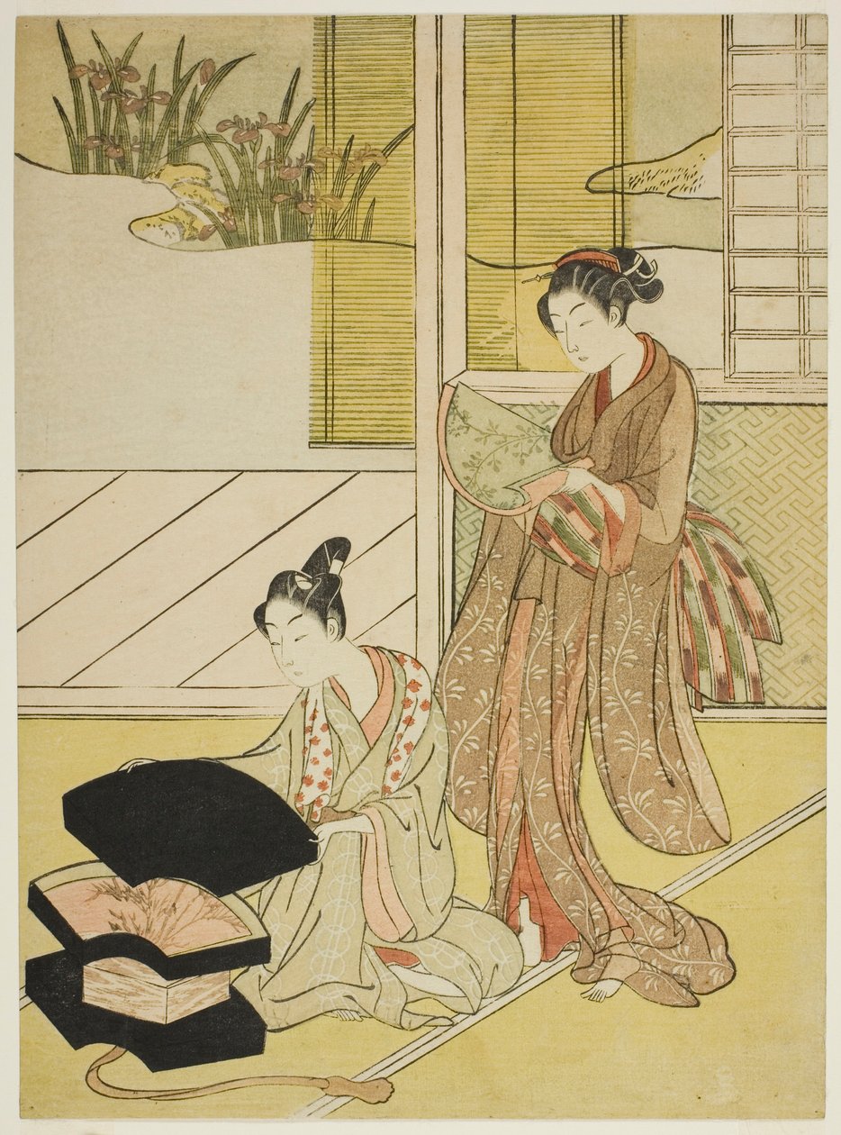 Un venditore di ventagli mostra le sue merci a una giovane donna da Suzuki Harunobu