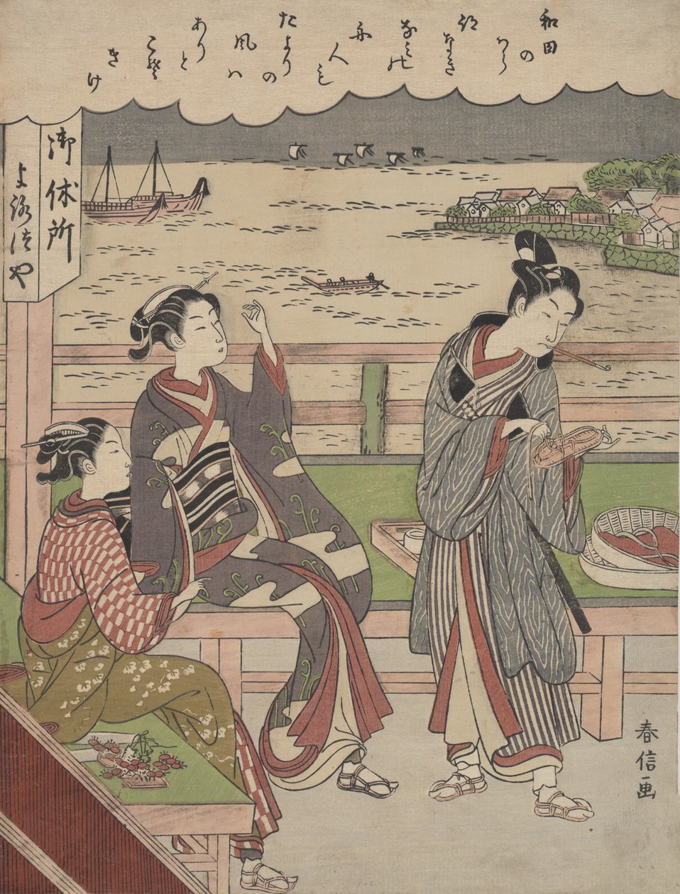 Un uomo e due donne in una casa da tè a Wada no Ura con vista sul mare da Suzuki Harunobu
