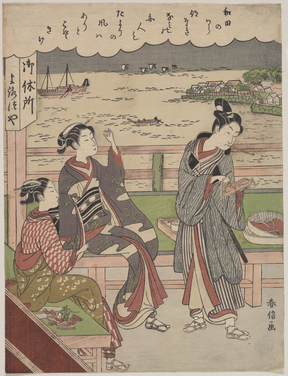 Un uomo e due donne in una casa da tè a Wada no Ura con vista sul mare da Suzuki Harunobu