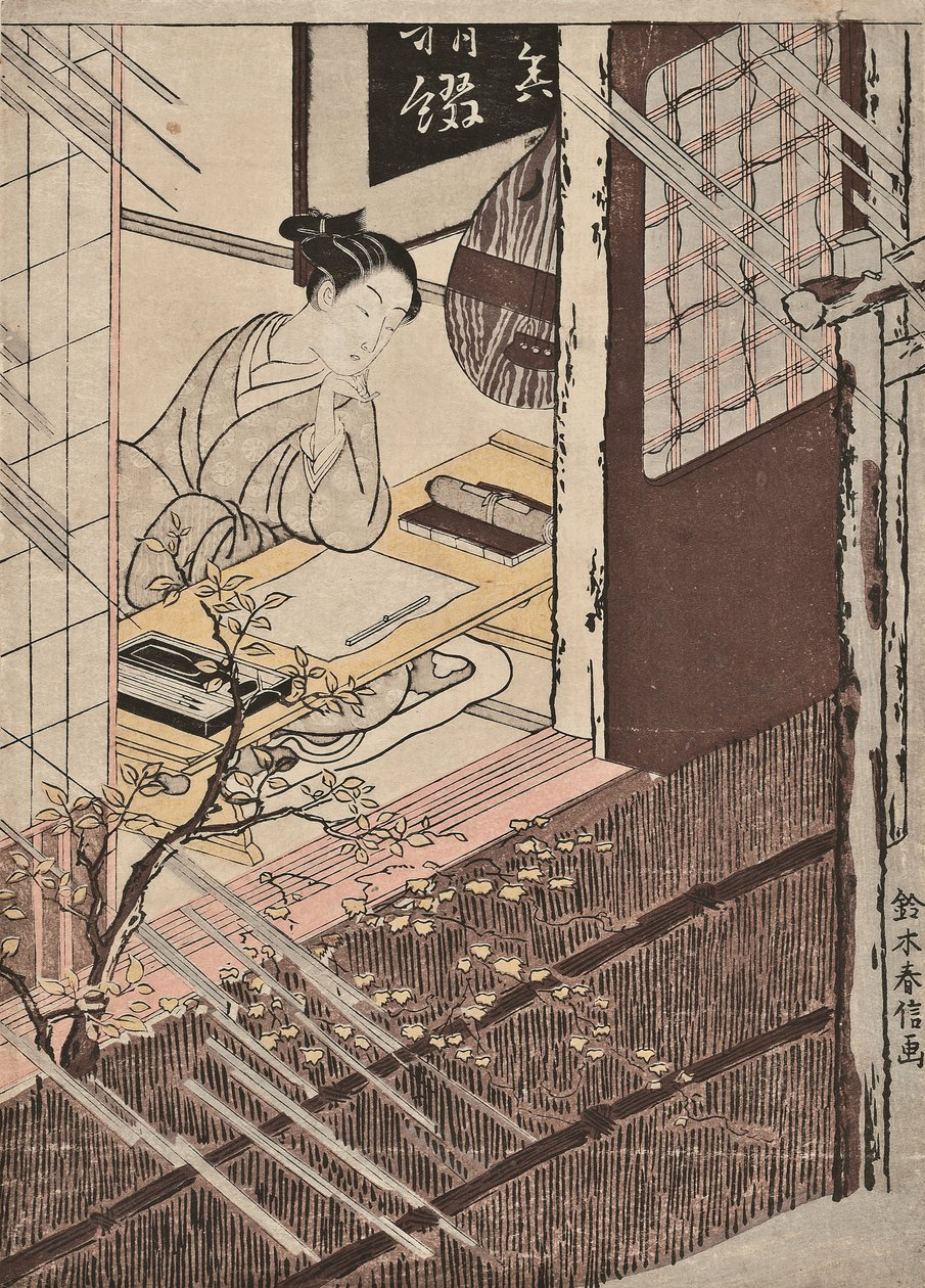 Una donna seduta a una scrivania che guarda la pioggia da Suzuki Harunobu