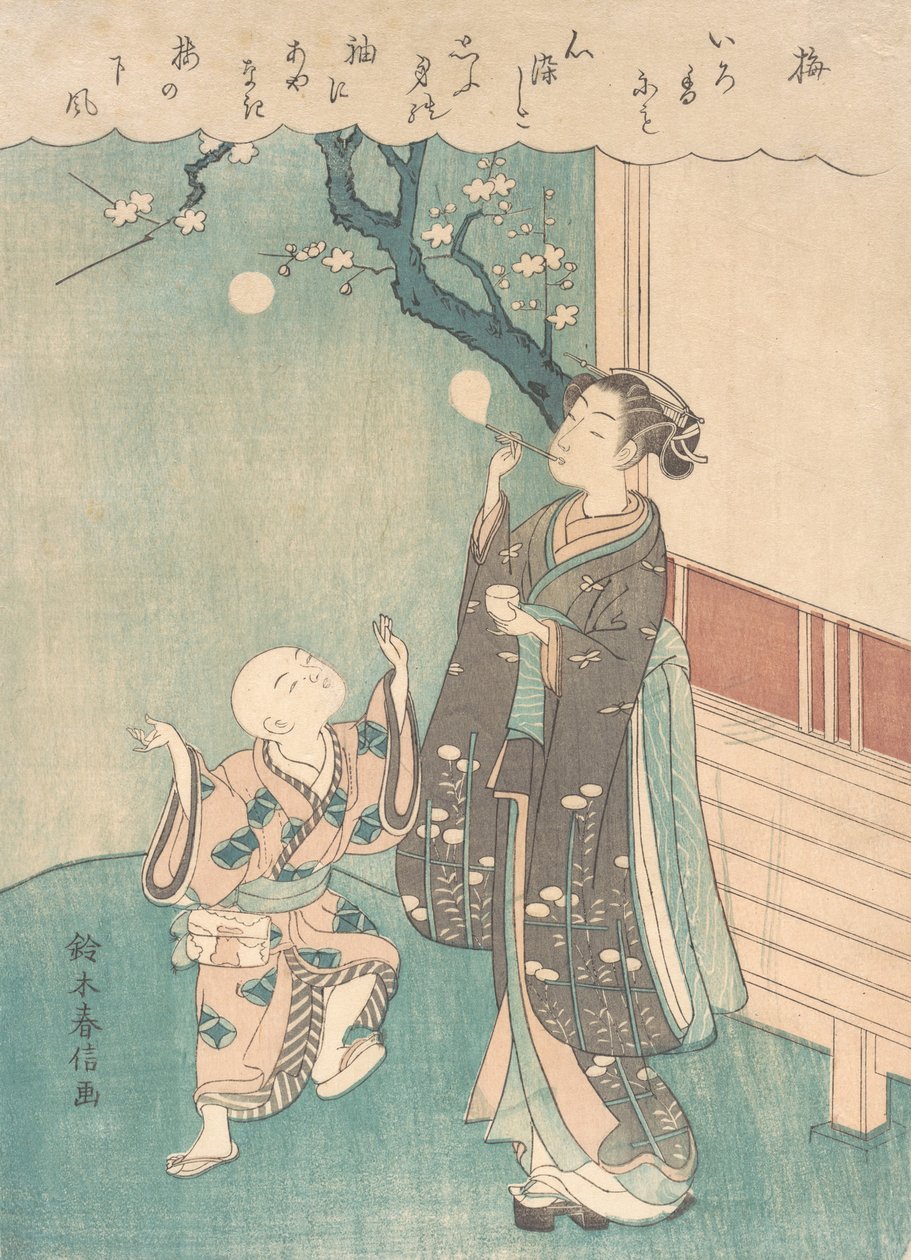 Soffiando bolle di sapone sotto il fiore di prugna da Suzuki Harunobu
