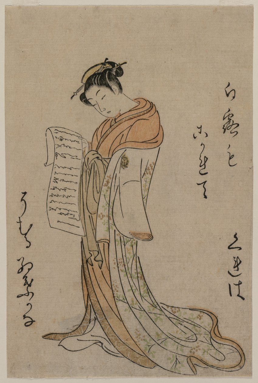 Cortigiana che legge una lettera dalla serie Collezione di bellezze delle case verdi, 1725-1770 da Suzuki Harunobu