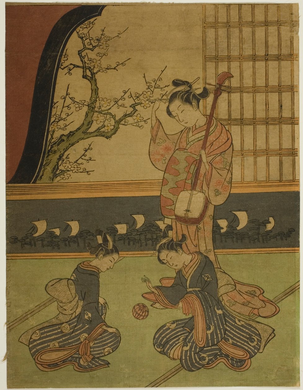 Cortigiana che osserva le sue ancelle giocare con una palla da Suzuki Harunobu