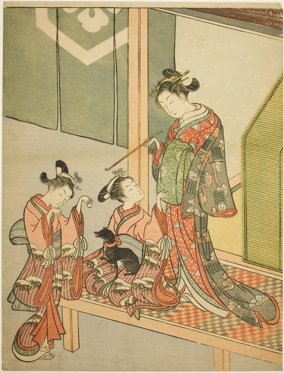 Cortigiana e due assistenti che giocano con un cane da Suzuki Harunobu