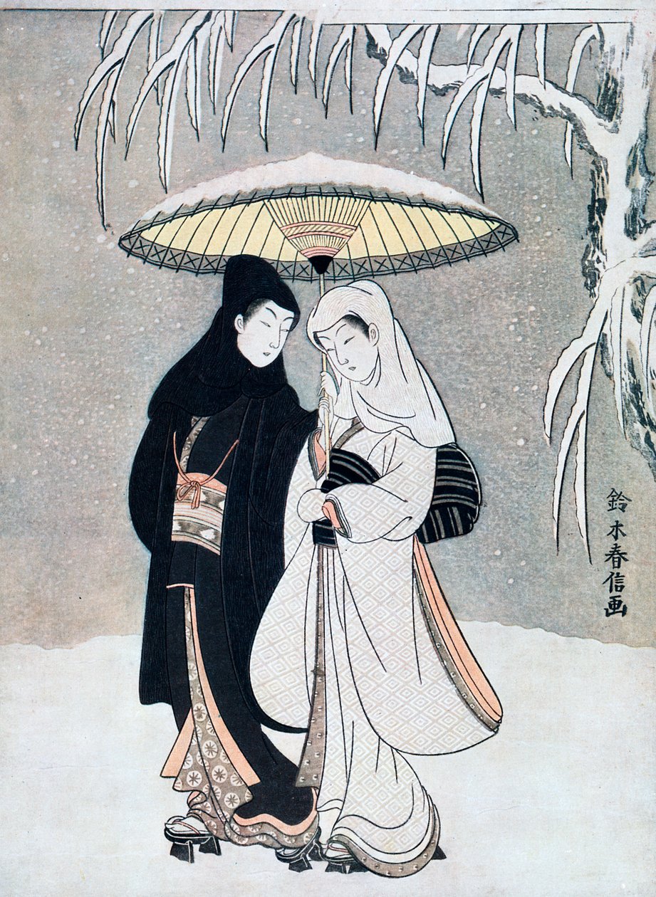 Corvo e Airone, o Giovani amanti che camminano insieme sotto un ombrello durante una tempesta di neve, c1769 da Suzuki Harunobu