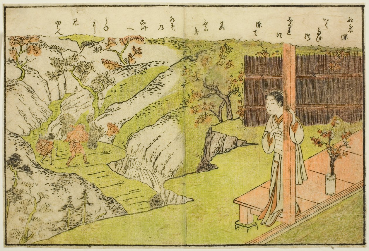 Illustrazione a doppia pagina dal Vol. 1 di "Libro illustrato dei broccati di primavera (Ehon haru no nishiki)" da Suzuki Harunobu