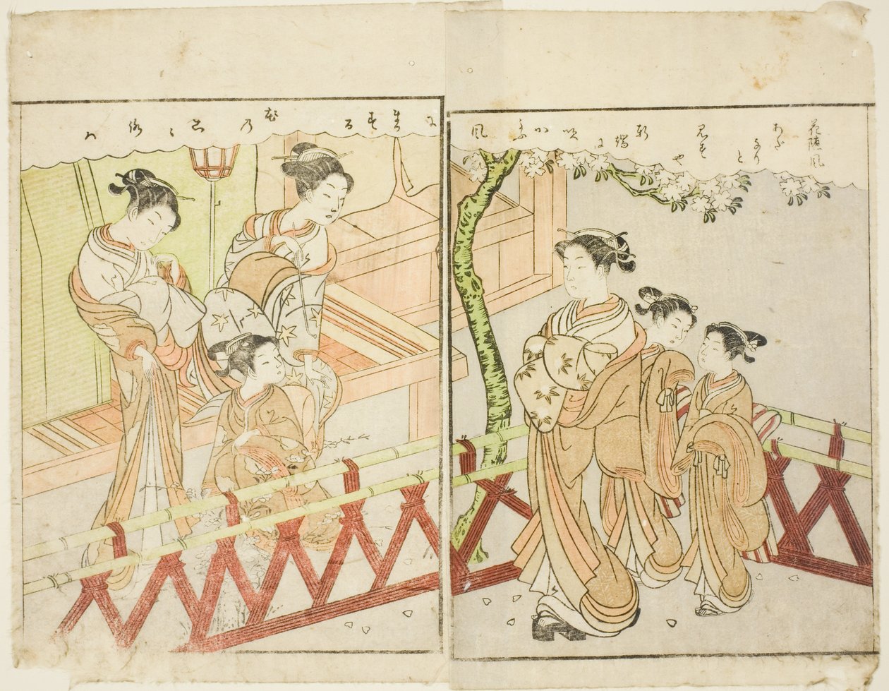 Illustrazione a doppia pagina dal Vol. 2 di "Libro illustrato dei broccati di primavera (Ehon haru no nishiki)" da Suzuki Harunobu